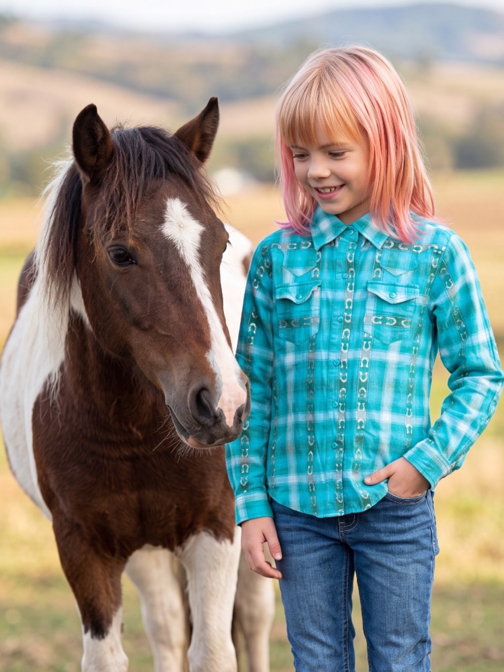 Girls Roper turquoise and silver western pearl snap button shirt 7 years